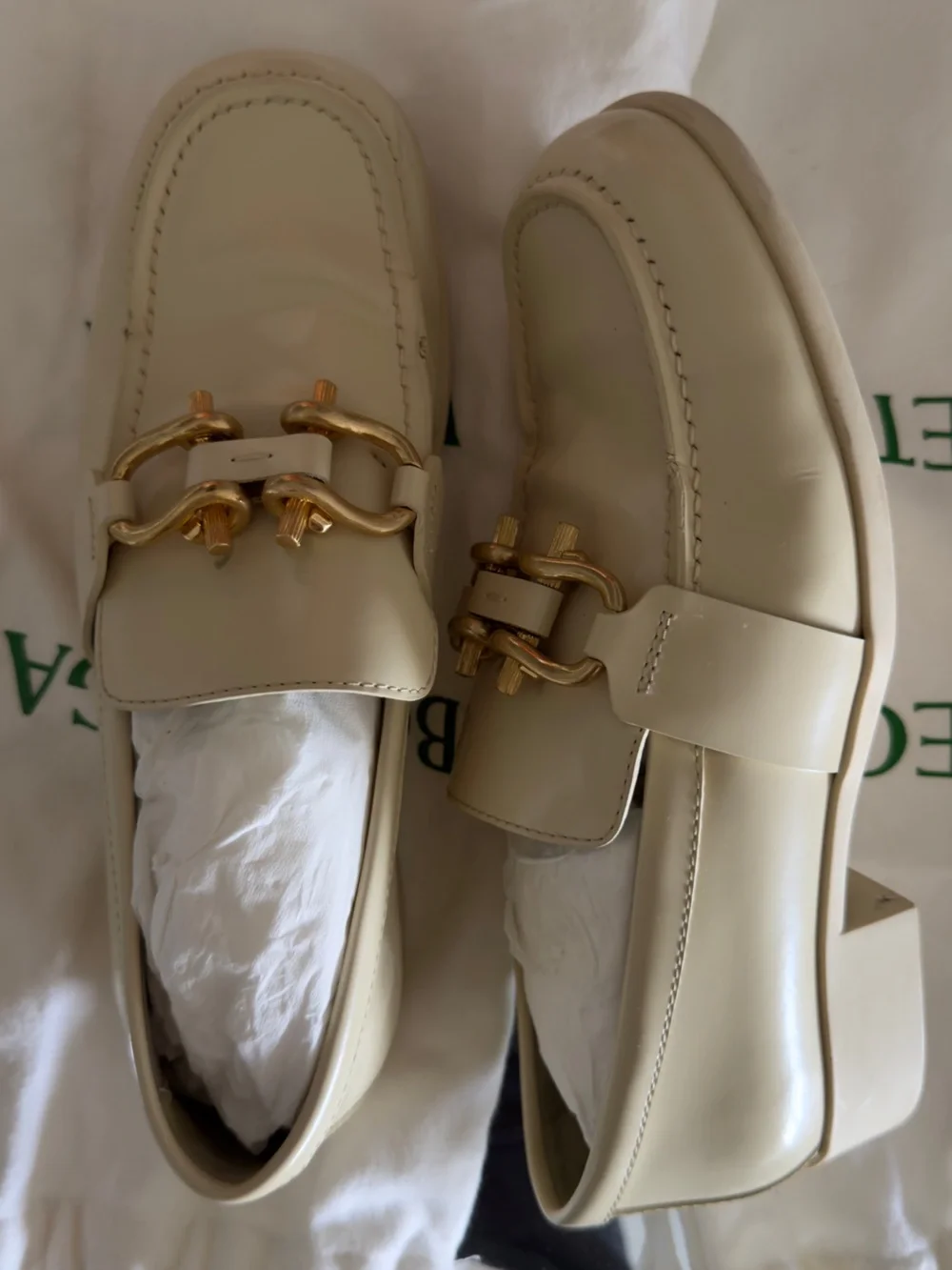 Bottega Veneta Cream Leather Loafers with Gold Hardware